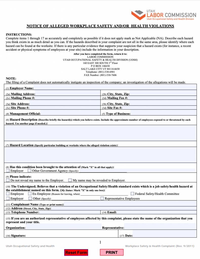 Workplace Safety & Health Complaint Form